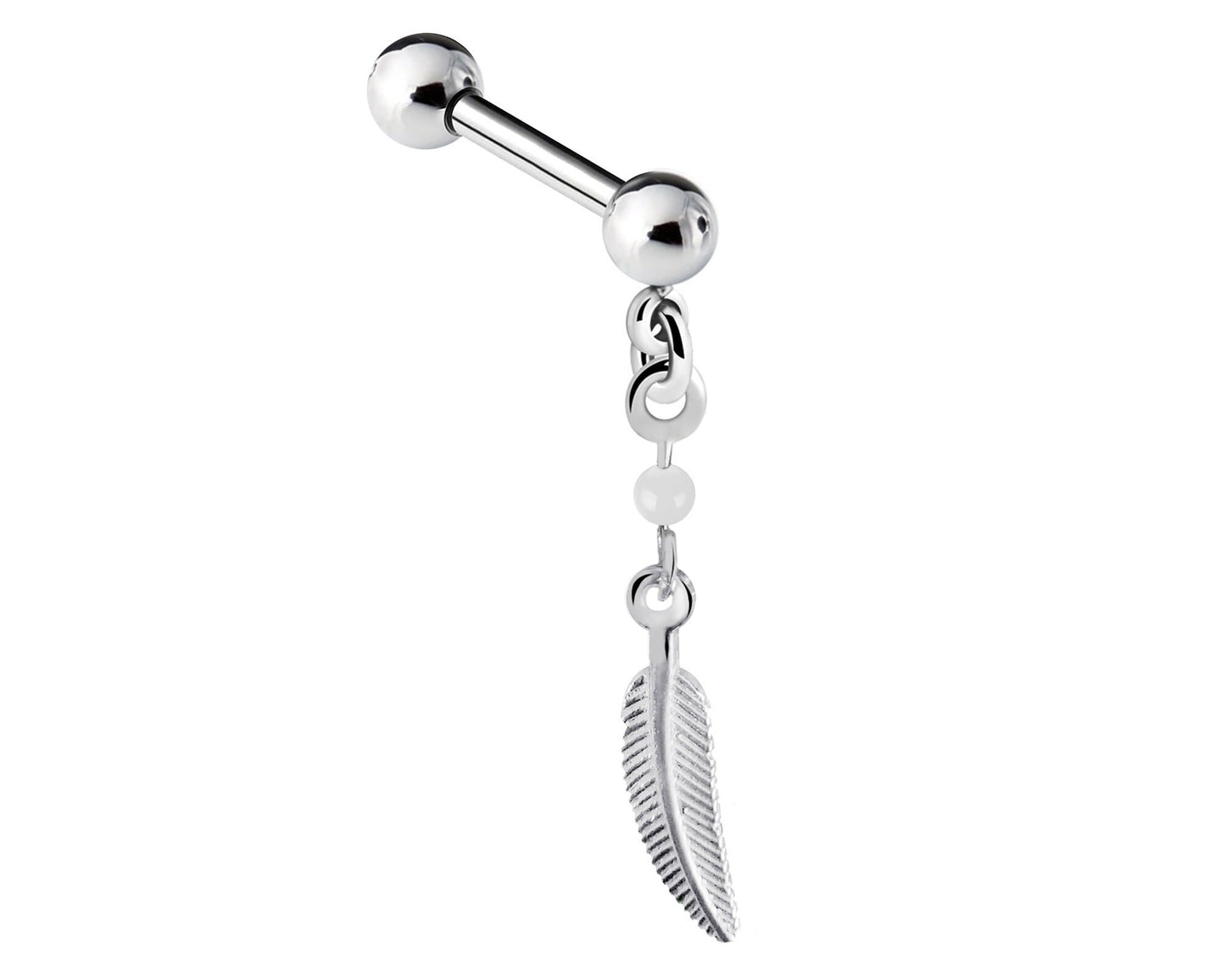 Tragus Earring, Barbell Charm - 16g Straight barbell with Silver Dangle Feather Charm -Piercing for Helix, Rook, Industrial Bar, Snug