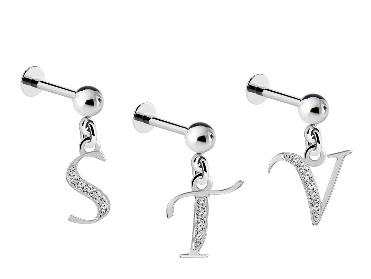 Tragus Earrings, Labret Charm - 16g Cartilage Studs with Silver Dangle Alphabet A-Z Charm - Piercing for Rook, Helix, Ear Lobe