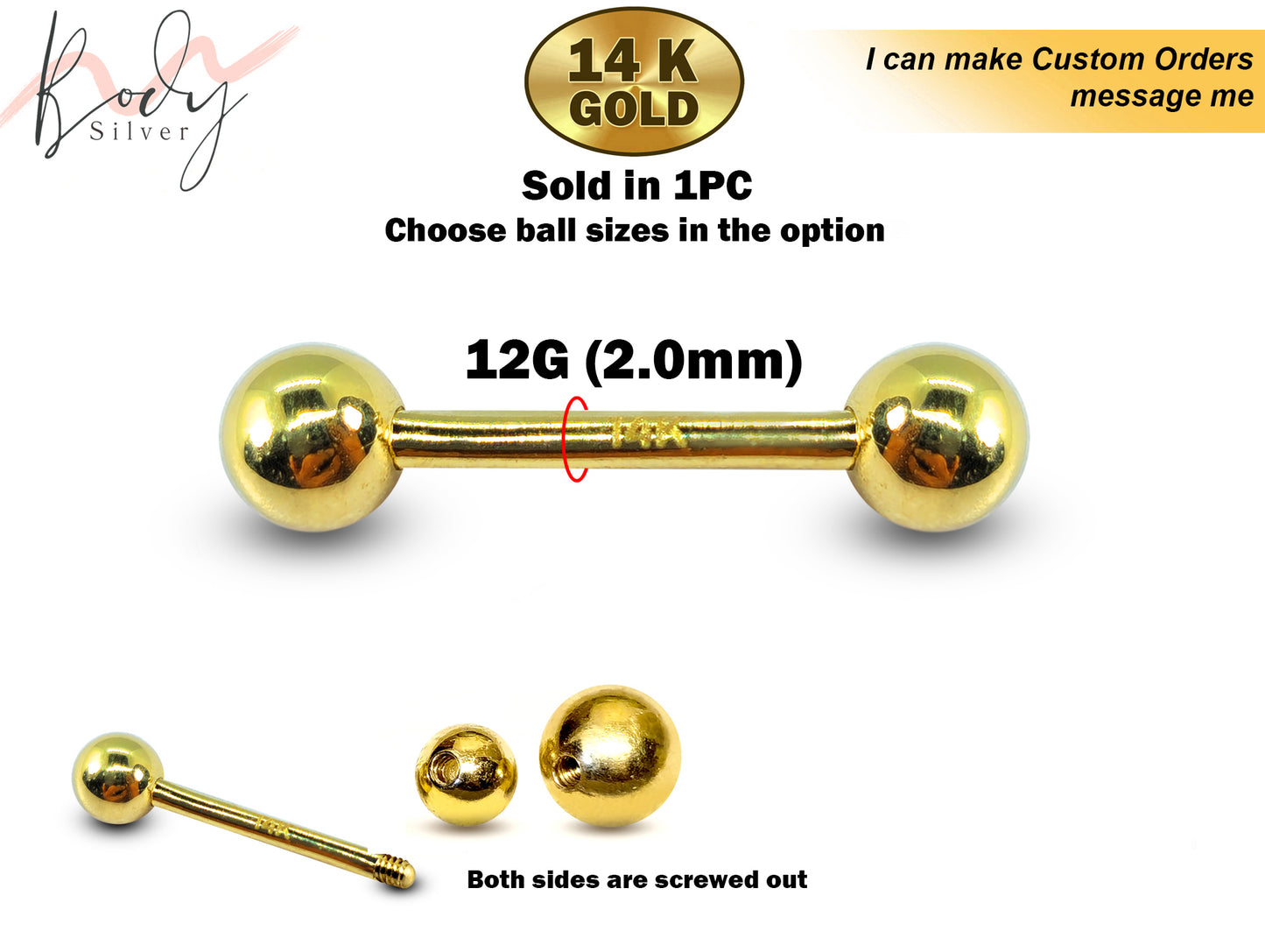 14K Gold Tongue Barbell Piercing, Bar Earring - 12G (2.0mm) Length is 12mm to 16mm - Piercing for Nipple Jewellery