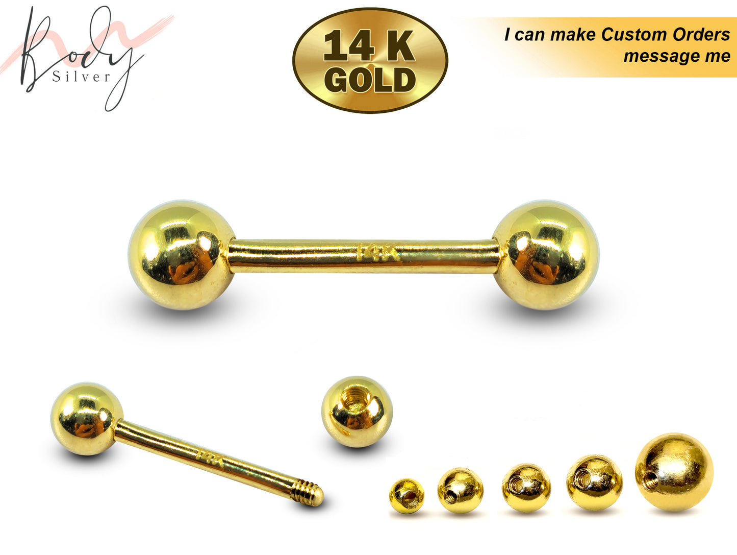 14K Gold Nipple Jewelry Barbell Piercing - 14g to 16g size 6mm to 12mm - Also for Tongue and Cartilage Earrings