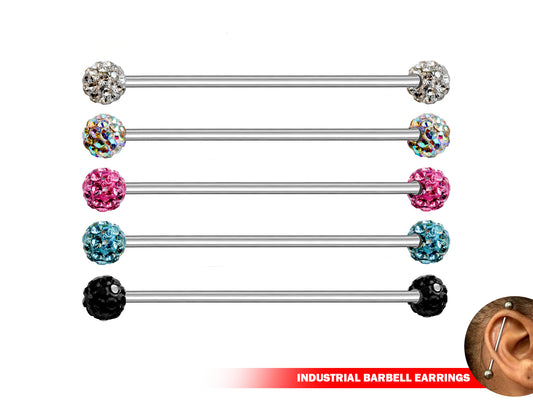 Industrial Barbell Piercing, Helix Bar, Cartilage Jewelry with Disco Ball Crystals