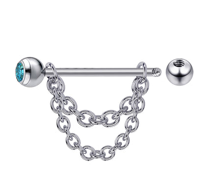 Nipple Barbell Piercing Jewelry with Gem Crystals and Chains 14G Body Jewellery - 1pc each Order