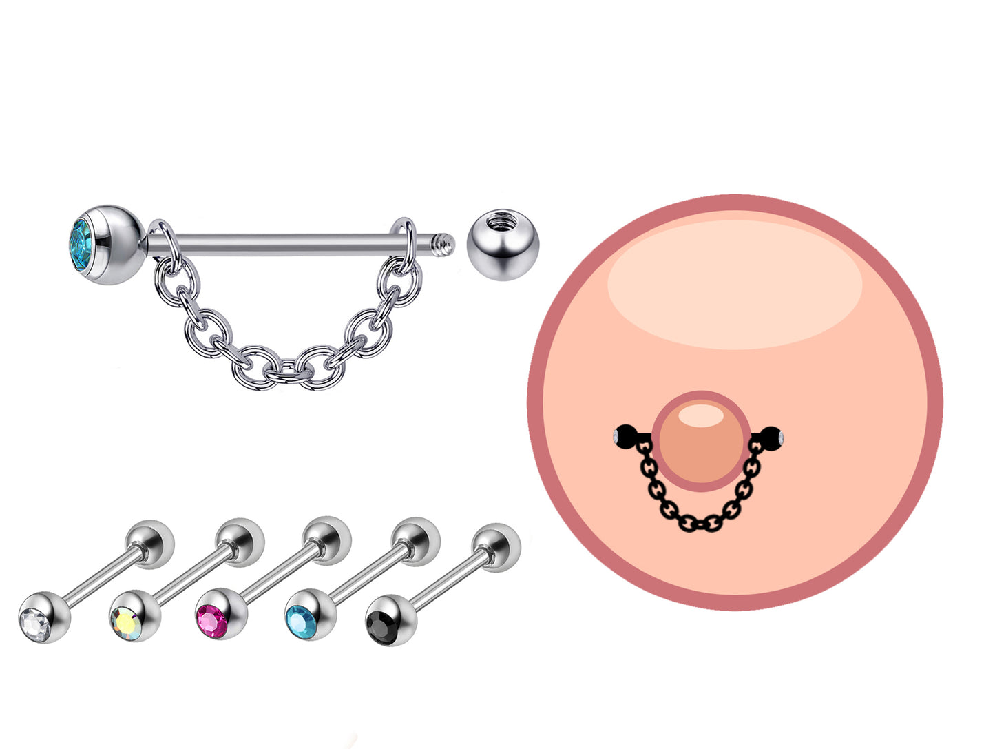 Nipple Barbell Piercing Jewelry with Gem Crystals and Chains 14G Body Jewellery - 1pc each Order