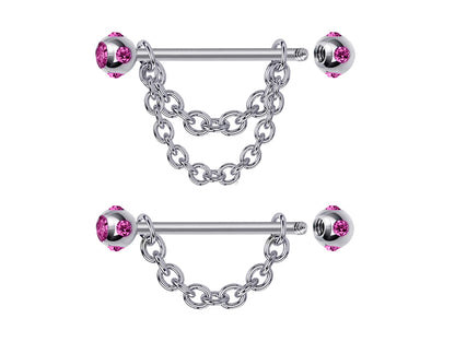 Nipple Jewelry Barbell with Multiple CZ Crystals and Chains 14G Body Jewellery - 1pc each Order