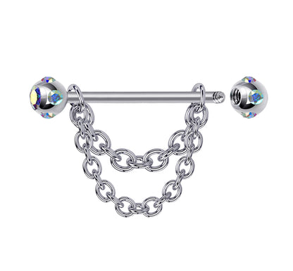 Nipple Jewelry Barbell with Multiple CZ Crystals and Chains 14G Body Jewellery - 1pc each Order