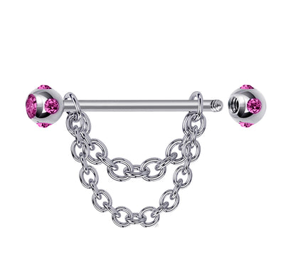 Nipple Jewelry Barbell with Multiple CZ Crystals and Chains 14G Body Jewellery - 1pc each Order