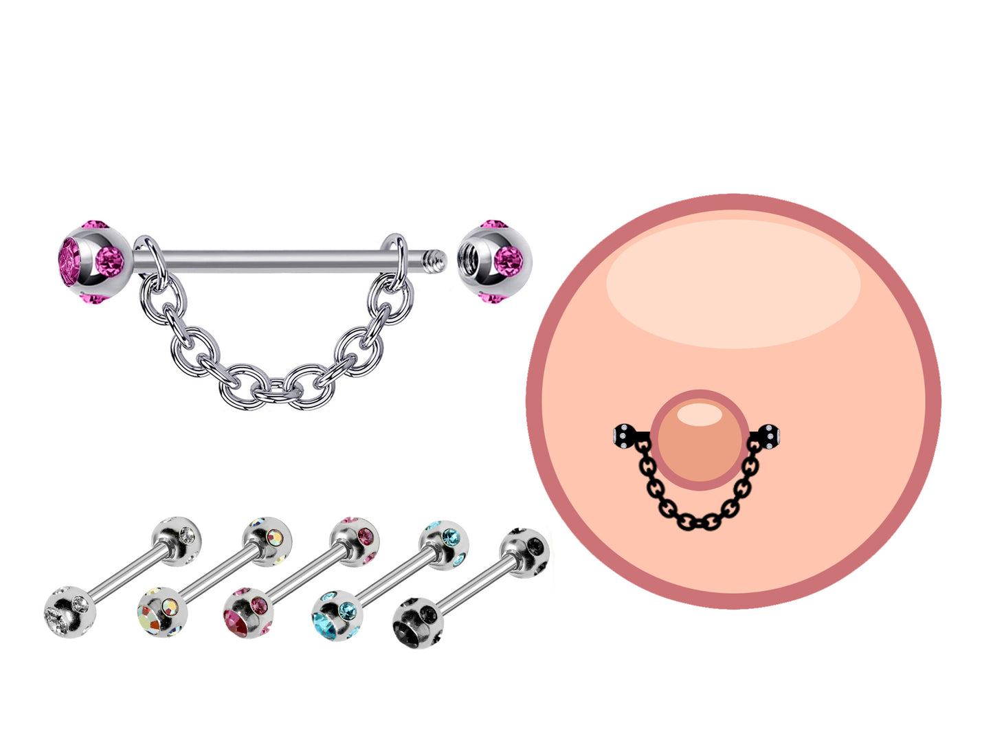 Nipple Jewelry Barbell with Multiple CZ Crystals and Chains 14G Body Jewellery - 1pc each Order