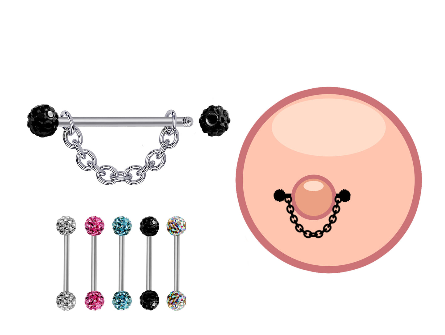 Nipple Bar Jewelry with Ferido Ball CZ Crystals and Chains 14G Body Jewellery - 1pc each Order