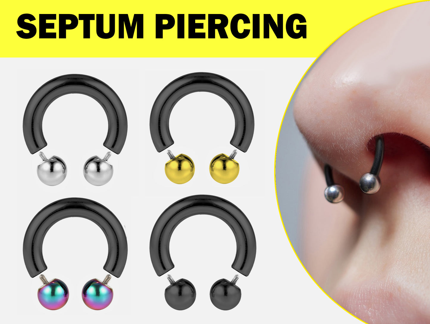 Black Septum Ring Internally Threaded Horseshoe PA Piercing with Custom Ball Circular Barbell