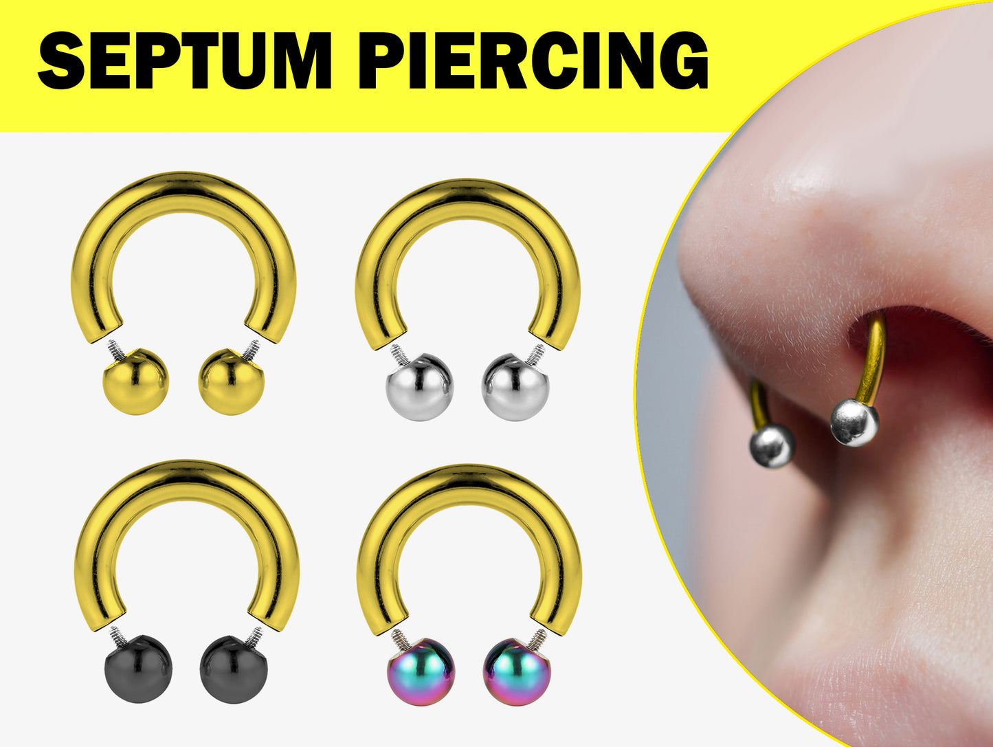 Gold Nose Septum Ring Horseshoe PA Piercing with Internally Threaded Custom Ball Circular Barbell