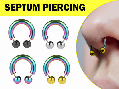 Rainbow Septum Jewelry Horseshoe PA Ring with Internally Threaded Custom Ball Circular Barbell Piercing