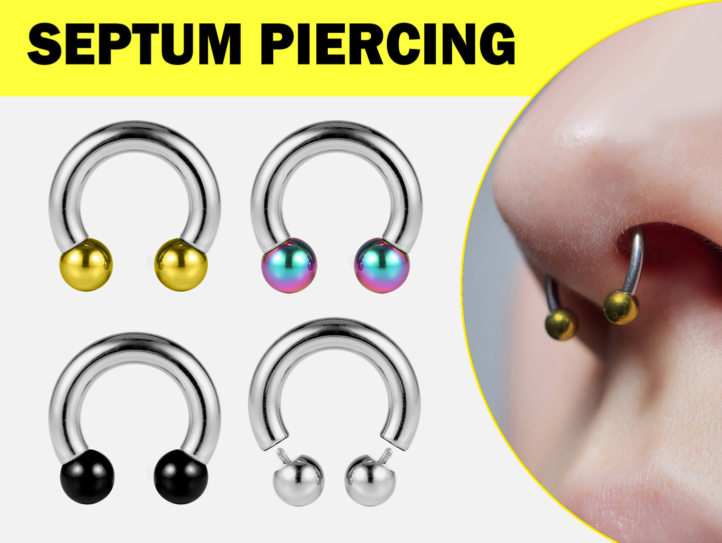 Septum Piercing Internally Threaded Horseshoe PA Rings with Custom Ball Circular Barbell