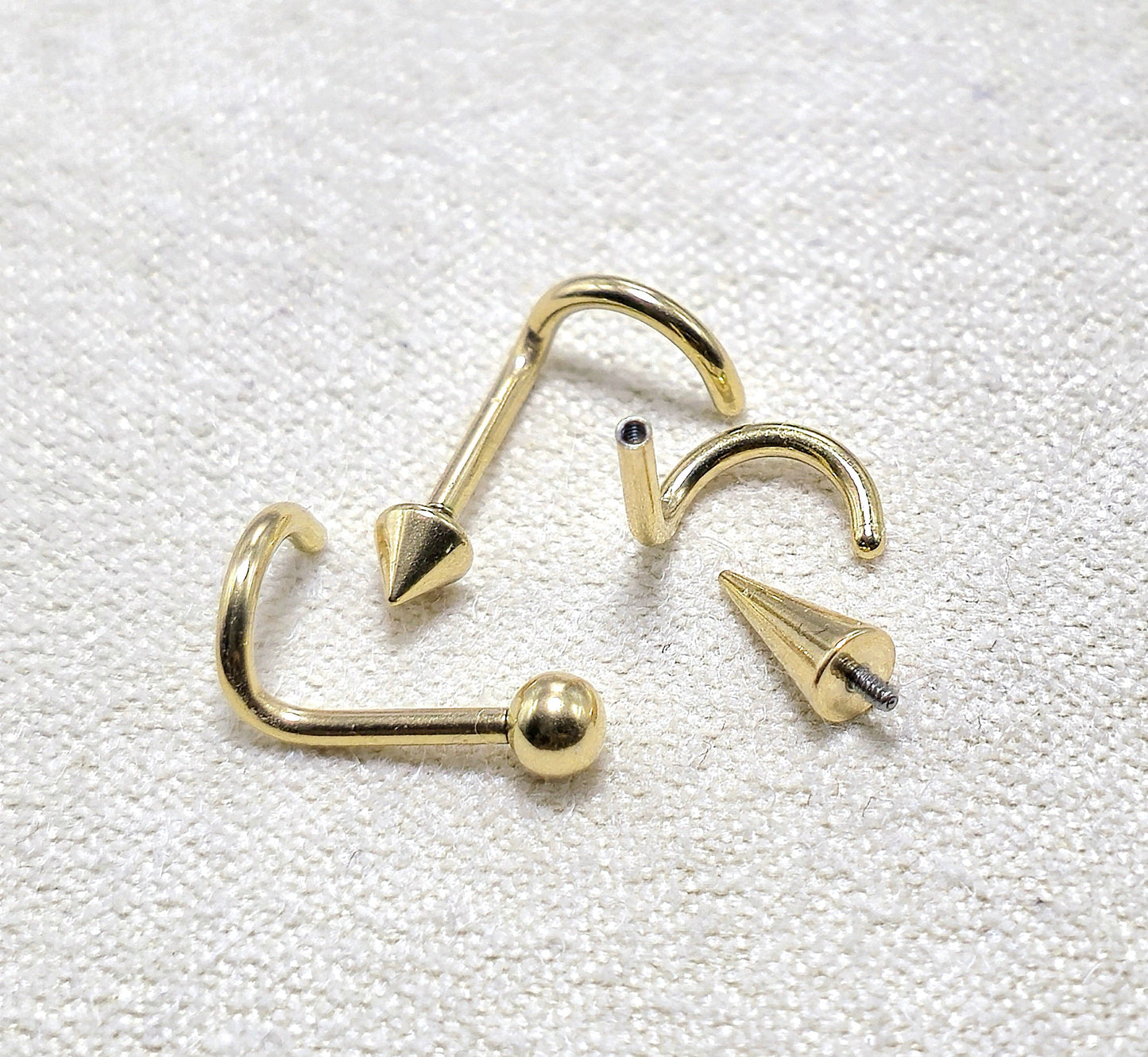 Titanium Gold Nose Stud Screw, Nostril Jewelry - 18G Internally Threaded in Ball Spike and Cones