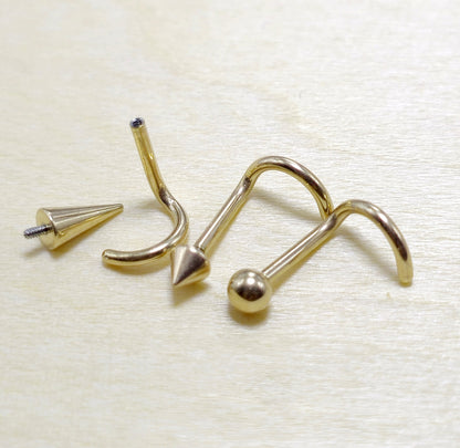 Titanium Gold Nose Stud Screw, Nostril Jewelry - 18G Internally Threaded in Ball Spike and Cones
