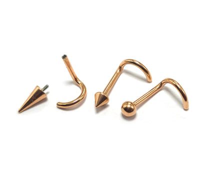 Titanium Rose Gold Nose Piercing Screw, Nostril Jewellery - 18G Internally Threaded in Ball Spike and Cones