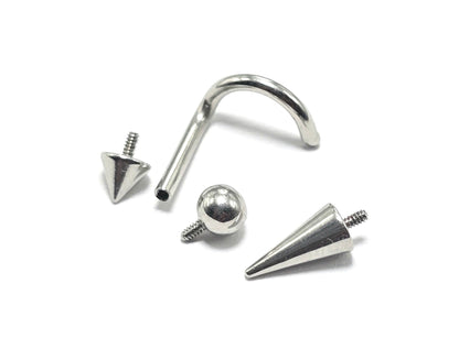 Titanium Nostril Nose Piercing, Nose Screw - 18G Internally Threaded in Ball Spike and Cones
