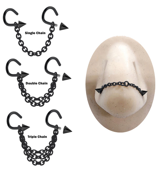 Black Cone Nose Studs Jewelry Piercing Nasallang with Chain Nostril Screw Jewelry, Bridge Chain