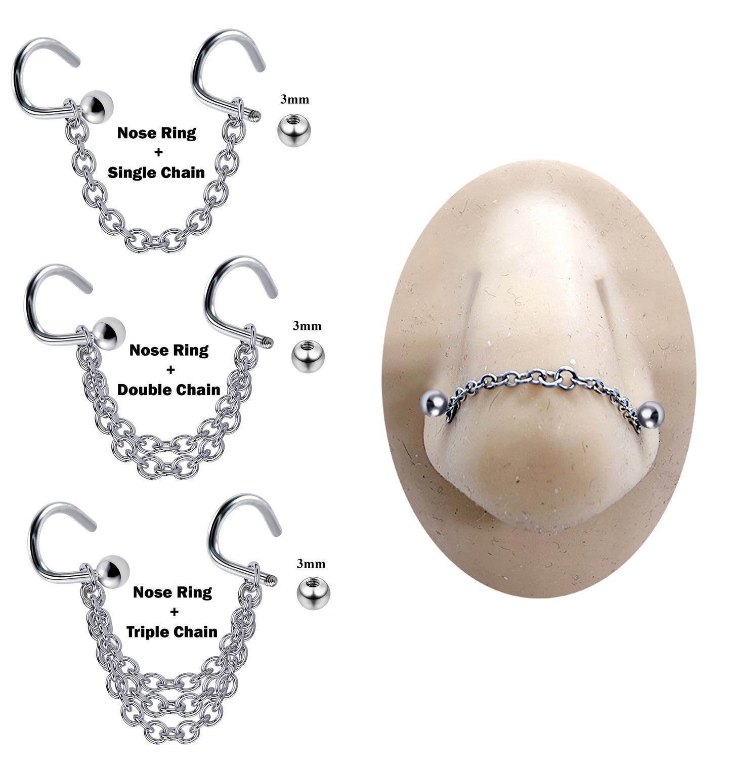 Nasallang Steel Nose Studs Piercing with Chain Nostril Screw Jewelry, Bridge Chain