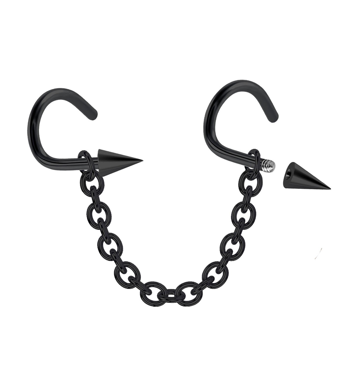 Black Spike Nose Studs Piercing Nasallang with Chain Nostril Screw Jewelry, Bridge Chain