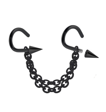 Black Spike Nose Studs Piercing Nasallang with Chain Nostril Screw Jewelry, Bridge Chain