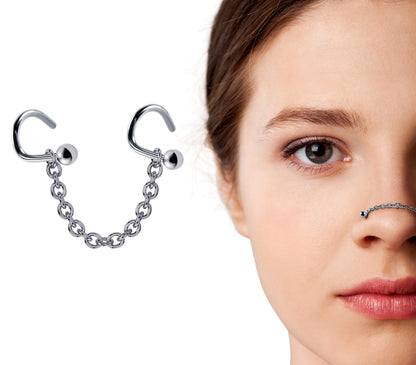 Nasallang Steel Nose Studs Piercing with Chain Nostril Screw Jewelry, Bridge Chain