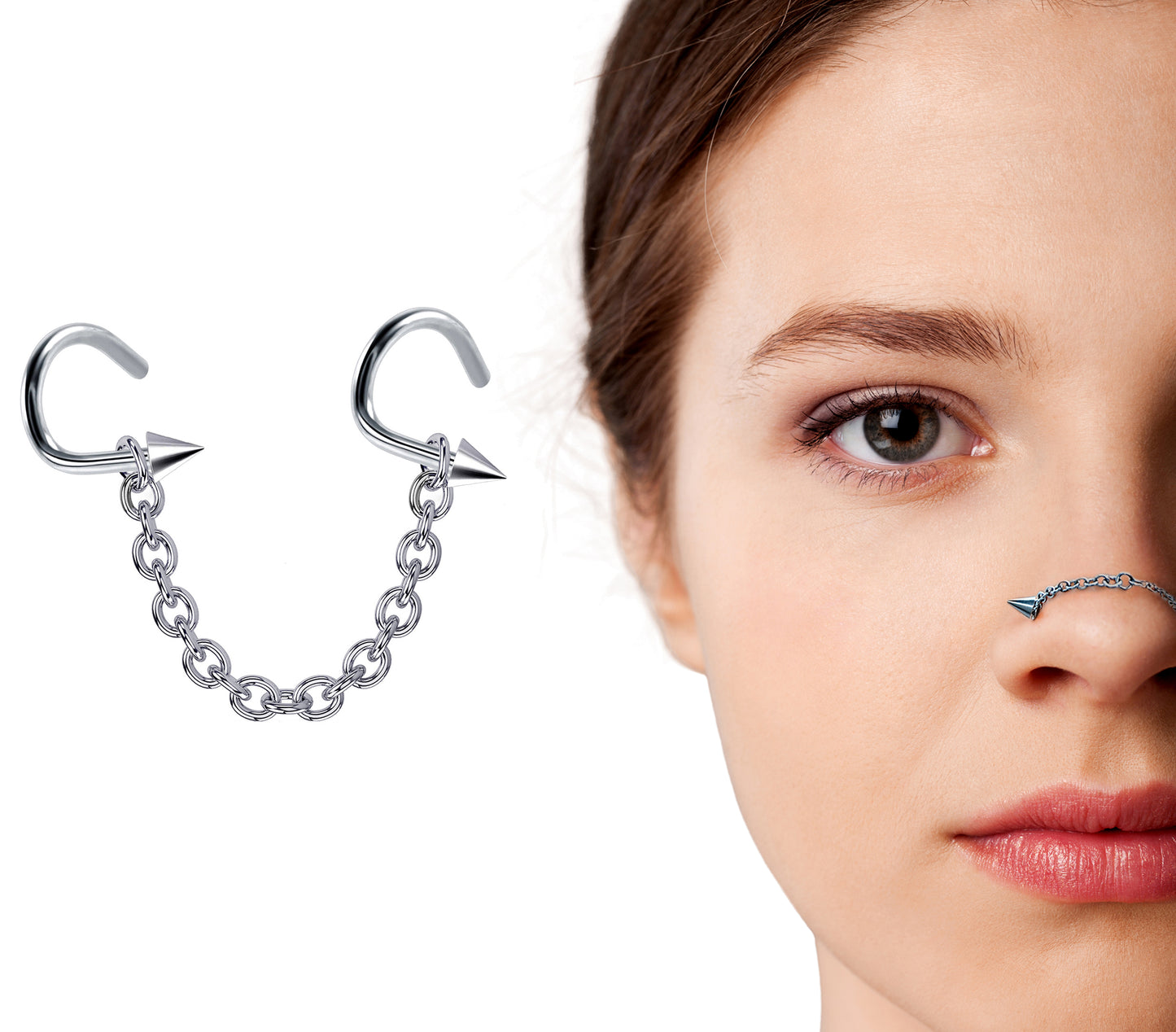 Cone Nasallang Nose Studs Jewelry Piercing with Chain Nostril Screw Jewelry, Bridge Chain