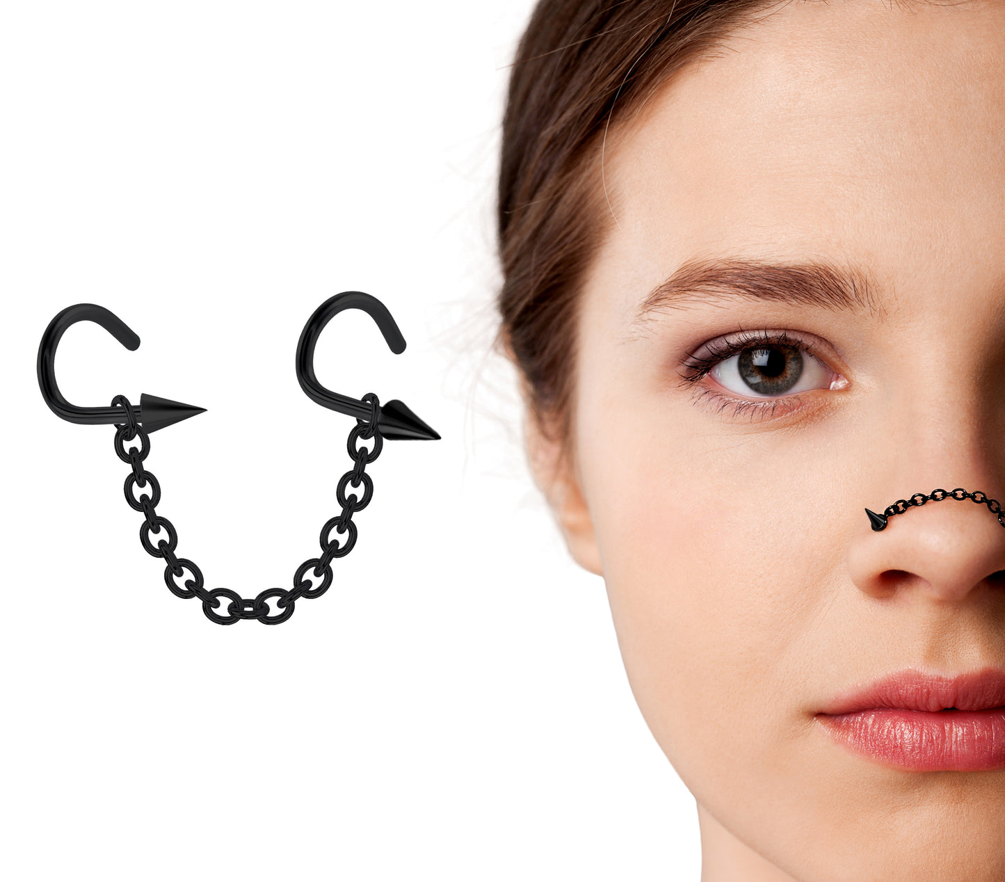 Black Spike Nose Studs Piercing Nasallang with Chain Nostril Screw Jewelry, Bridge Chain