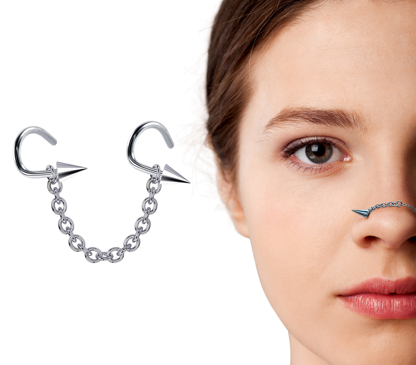 Spike Nose Studs Piercing Nasallang with Steel Chain Nostril Screw Jewelry