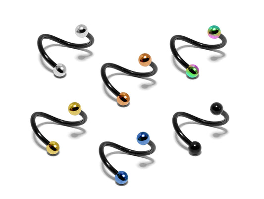 Black Spiral Lip Ring, Helix Twisted Bar Earrings with Custom Ball Colors - Body Jewellery 16g 14g