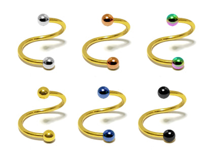 Gold Spiral Helix Ear Cartilage Piercing, Twisted Lip Ring with Custom Ball Colors - Body Jewellery 16g 14g