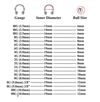 Horseshoe Barbell, Septum Ring - Nose Ring Size 10g to 00g - Horseshoe Piercing for Tragus Helix Eyebrow, Nipple Ear Piercings
