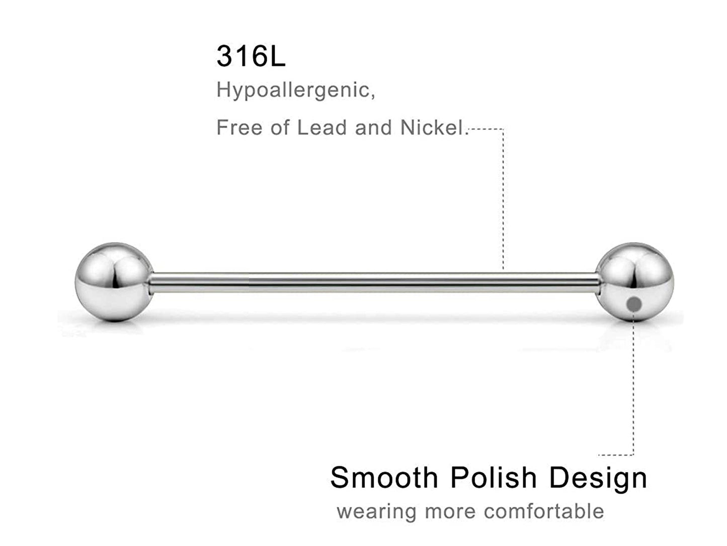 Tongue Ring, Straight Barbell - Barbell Studs. Body Jewelry Barbells, Daith, Tragus, Helix, Nipple Bar, Conch