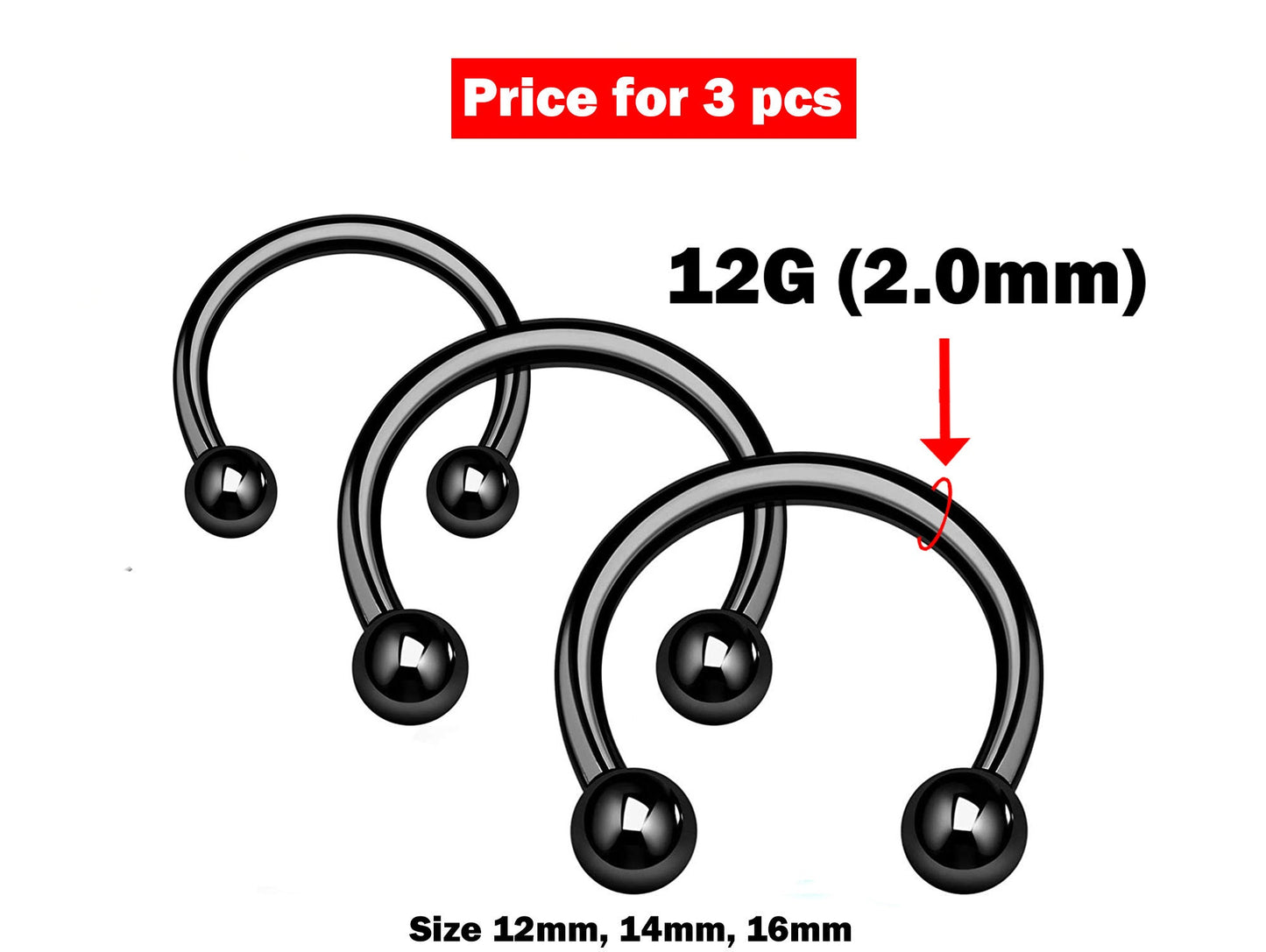 Circular Barbell, Septum Ring- 12g Nose Ring 3pcs Size 12, 14, 16mm - Horseshoe Piercing for Tragus Helix Eyebrow ,Nipple Ear Piercings