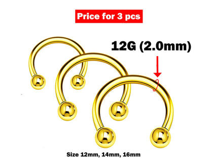 Circular Barbell, Septum Ring- 12g Nose Ring 3pcs Size 12, 14, 16mm - Horseshoe Piercing for Tragus Helix Eyebrow ,Nipple Ear Piercings