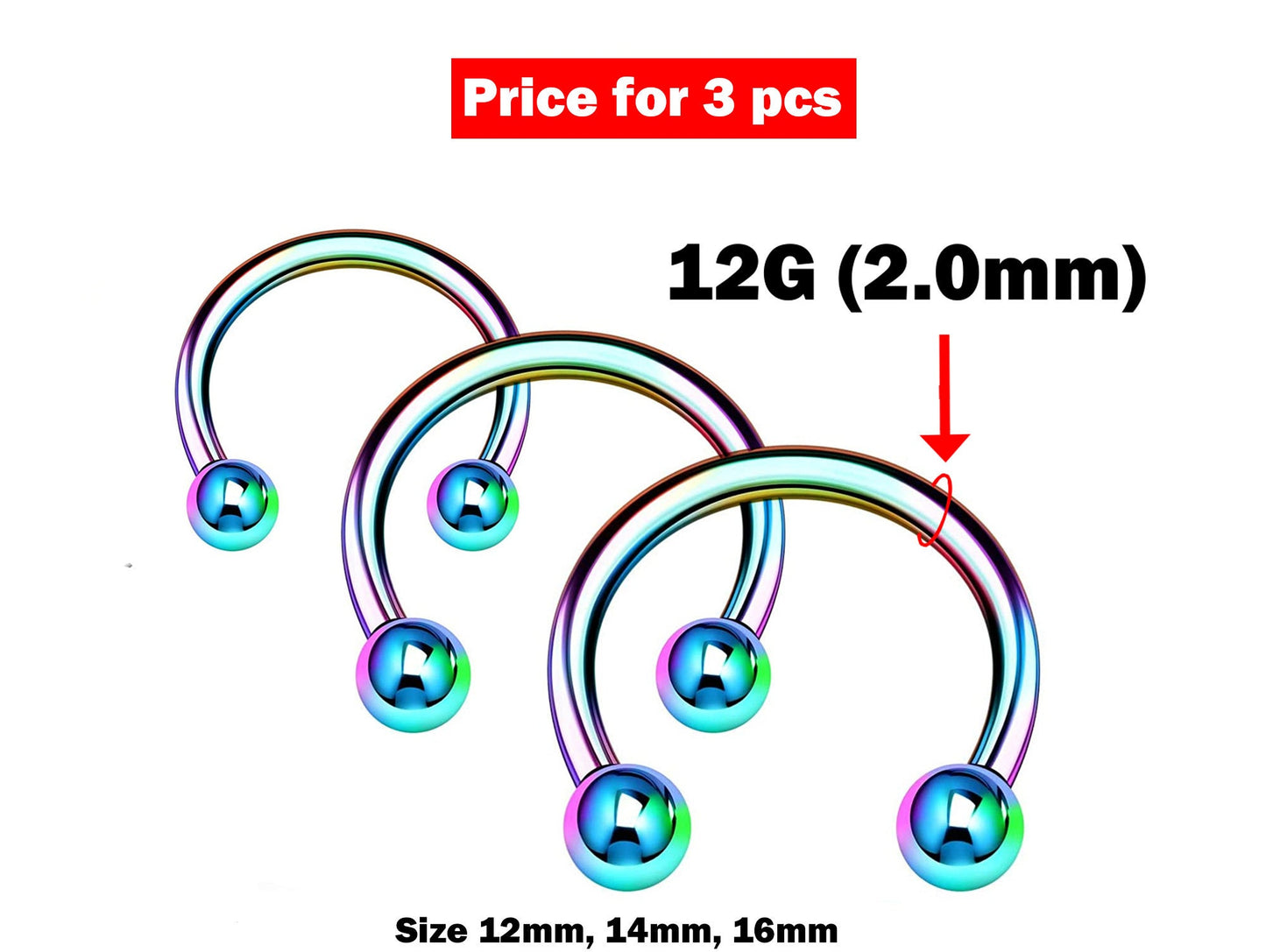 Circular Barbell, Septum Ring- 12g Nose Ring 3pcs Size 12, 14, 16mm - Horseshoe Piercing for Tragus Helix Eyebrow ,Nipple Ear Piercings