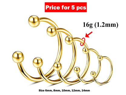 Septum Ring, Horseshoe Barbell- 16g Nose Ring 5pcs Size 6mm to 14mm - Body Piercing for Cartilage Tragus Helix Eyebrow ,Nipple Ear Piercings