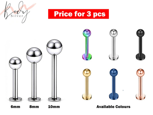 Cartilage Stud, Lip Piercing- 3 Pieces Labret Jewelry - 14g, 16g - 6, 8, 10mm - Body Piercing for Monroe Lip Ring Tragus Helix Earring Stud