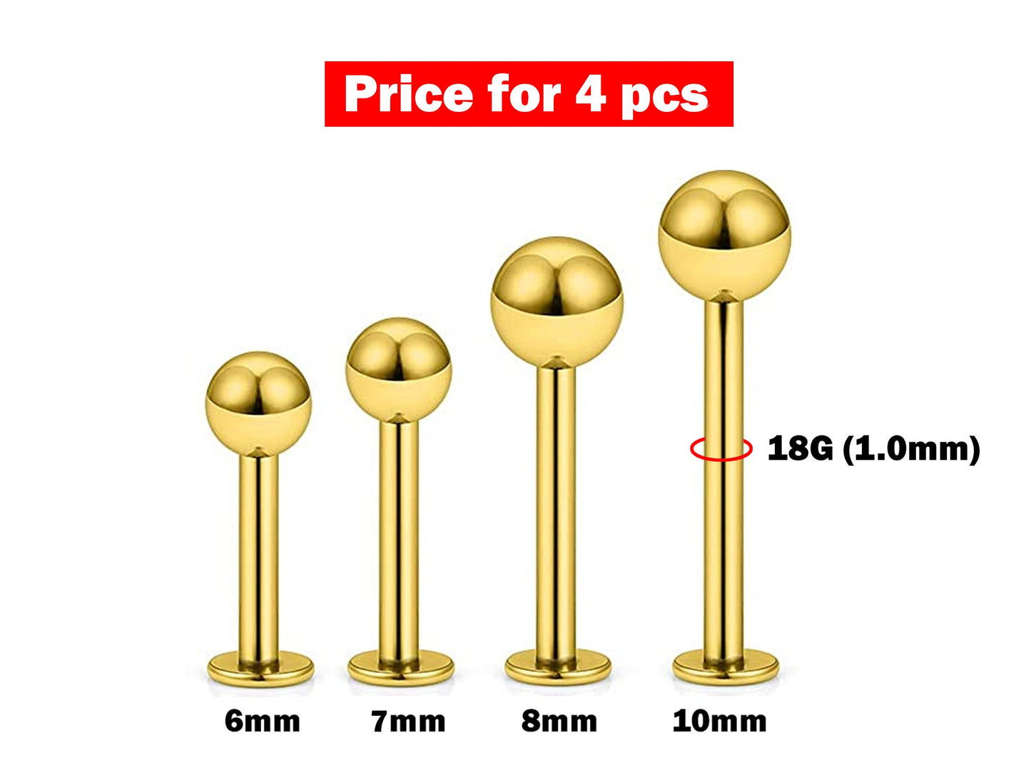 Flat Back Cartilage Earring- 4 Pieces Labret Piercing- 18g - 6, 7, 8, 10mm - Body Piercing for Monroe Lip Ring Tragus Helix Earring Stud