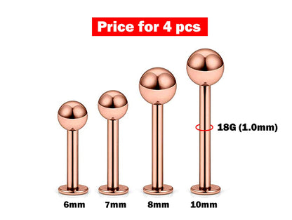 Flat Back Cartilage Earring- 4 Pieces Labret Piercing- 18g - 6, 7, 8, 10mm - Body Piercing for Monroe Lip Ring Tragus Helix Earring Stud