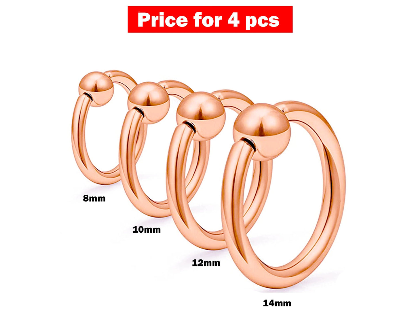 Ball Closure Ring, Septum Ring - 4 Pieces Captive Ring - Size 8, 10, 12, 14mm - Body Piercing for Ear Tragus, Helix Earring Stud