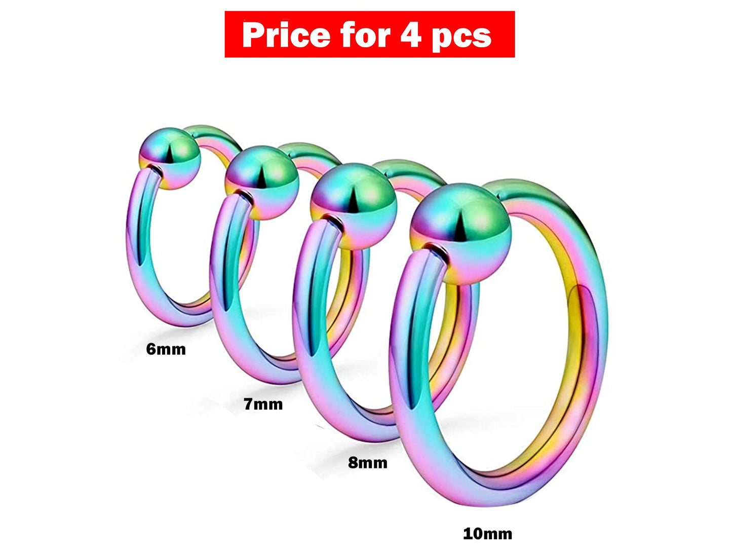 Captive Bead Ring, Septum Ring - 4 Pieces 18G Captive Ring - Size 6, 7, 8, 10mm - Body Piercing for Ear Tragus, Helix Earring Stud