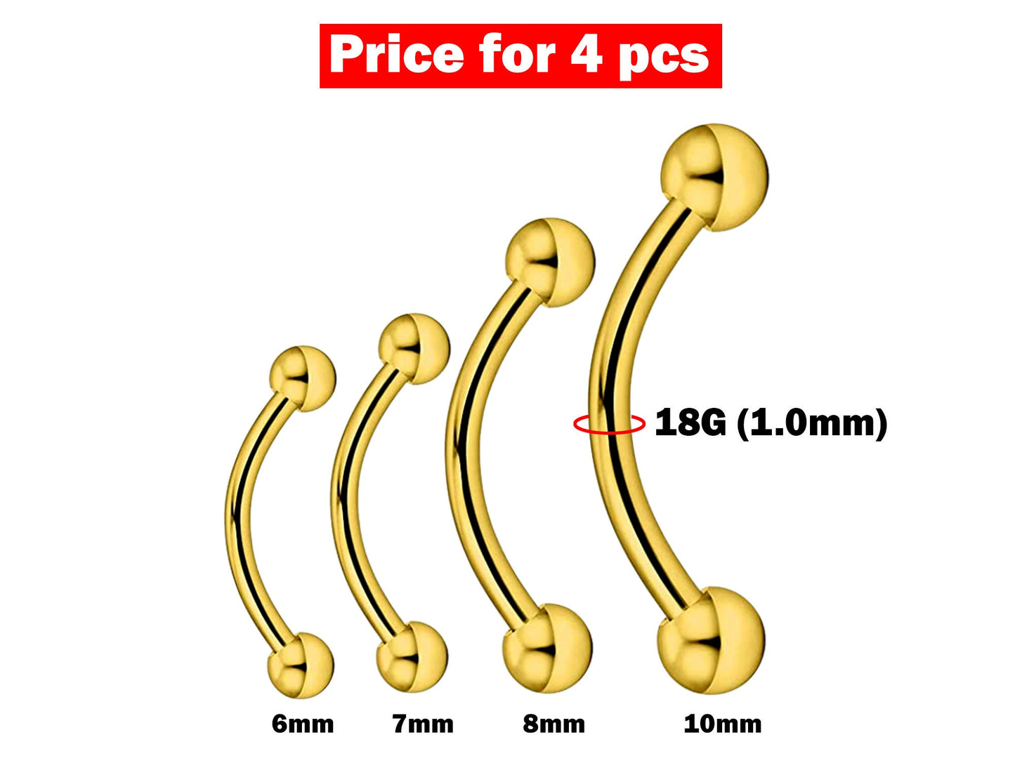 Eyebrow Piercing, Bent Barbell - 4 Pieces Curve Barbell - 6, 7, 8, 10mm - Body Piercing for Ear Tragus, Helix Earring Stud ,Daith and Lip