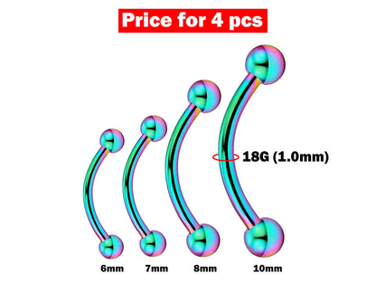 Eyebrow Piercing, Bent Barbell - 4 Pieces Curve Barbell - 6, 7, 8, 10mm - Body Piercing for Ear Tragus, Helix Earring Stud ,Daith and Lip