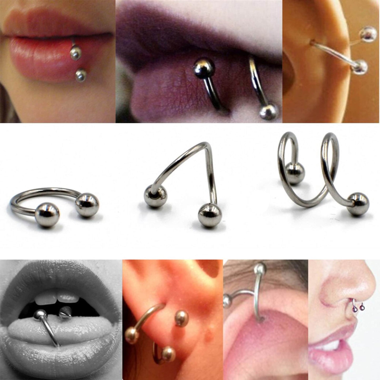 Spiral Barbell, Twisted Barbell - 3 Pieces Eyebrow Piercing - 8, 10, 12mm - Body Piercing for Lip, Helix Earring Stud ,Daith