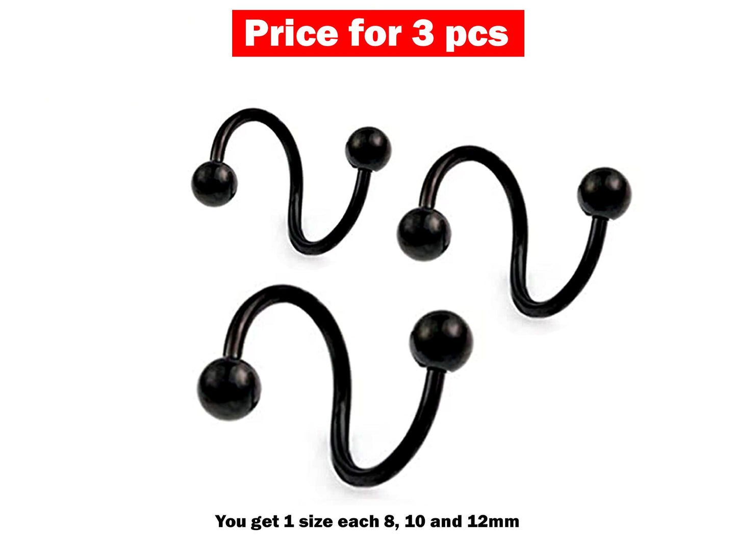 Spiral Barbell, Twisted Barbell - 3 Pieces Eyebrow Piercing - 8, 10, 12mm - Body Piercing for Lip, Helix Earring Stud ,Daith