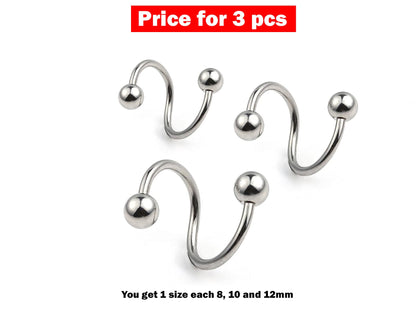 Spiral Barbell, Twisted Barbell - 3 Pieces Eyebrow Piercing - 8, 10, 12mm - Body Piercing for Lip, Helix Earring Stud ,Daith