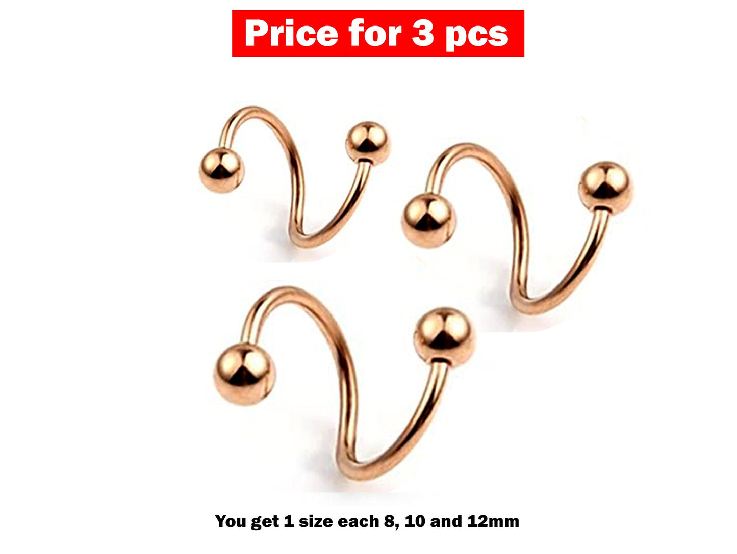 Spiral Barbell, Twisted Barbell - 3 Pieces Eyebrow Piercing - 8, 10, 12mm - Body Piercing for Lip, Helix Earring Stud ,Daith