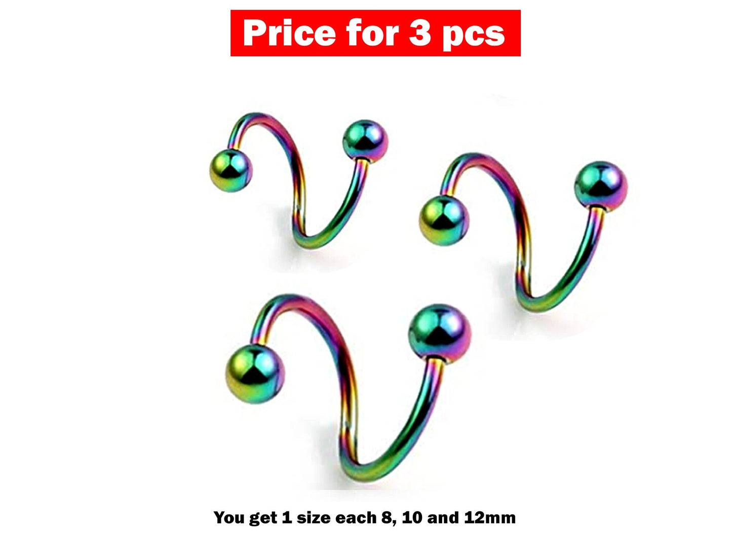 Spiral Barbell, Twisted Barbell - 3 Pieces Eyebrow Piercing - 8, 10, 12mm - Body Piercing for Lip, Helix Earring Stud ,Daith