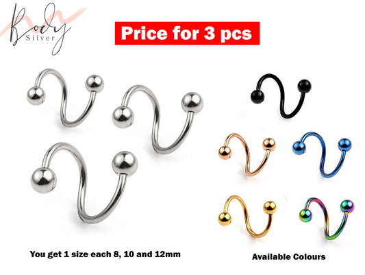 Spiral Barbell, Twisted Barbell - 3 Pieces Eyebrow Piercing - 8, 10, 12mm - Body Piercing for Lip, Helix Earring Stud ,Daith