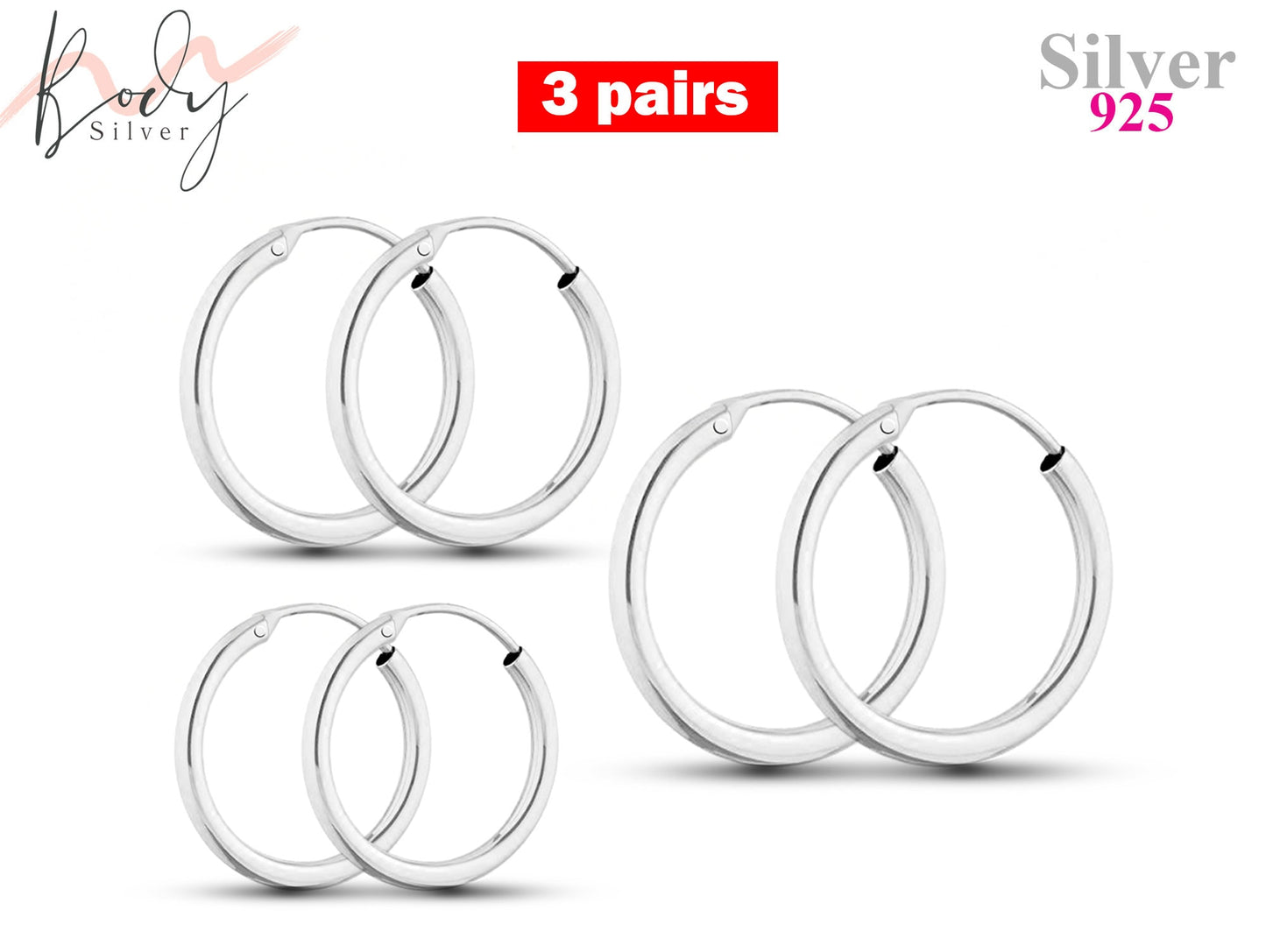 Dainty Earrings, Silver Hoop Earrings - 3 Pairs Unisex Sleeper Hoops in many sizes 8mm to 65mm Sterling Silver - Lightweight Huggie Earrings